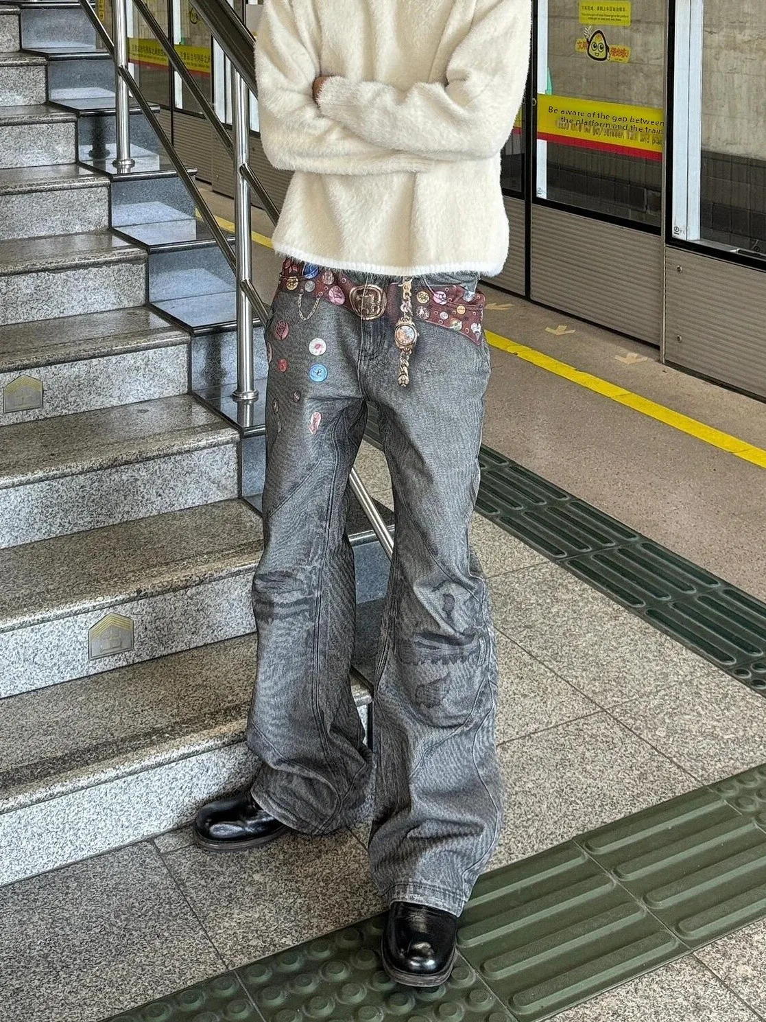 

American High Street Hiphop Vintage 3D Print Belt Loose Straight Leg Slimming Casual Long Jeans for Men Youth Trendy