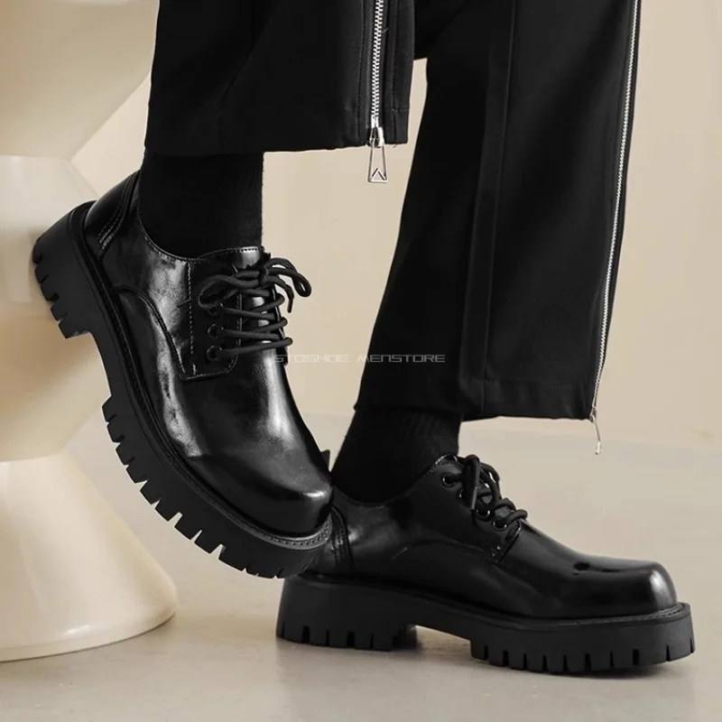 British Vibe Derby Shoes for Men Thick Soled Leather Shoes, Men's Casual Business Attire Height Up Lace Up Round Toe Shoes