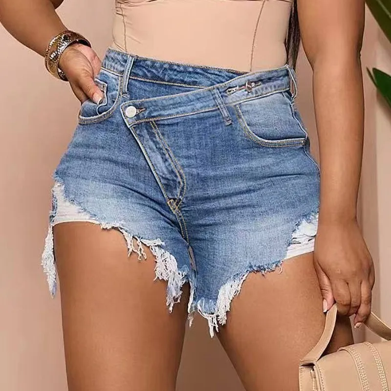 Women's Summer Shorts Casual Light Blue High Waist Denim Shorts Distressed Slim Fit Jean Shorts Cropped Button Fly Short Pants