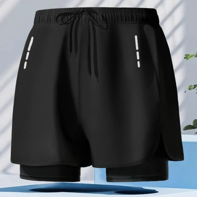 Swimming trunks, sweatpants, double-layer men's running sports fitness, anti-embarrassment loose beach pants.