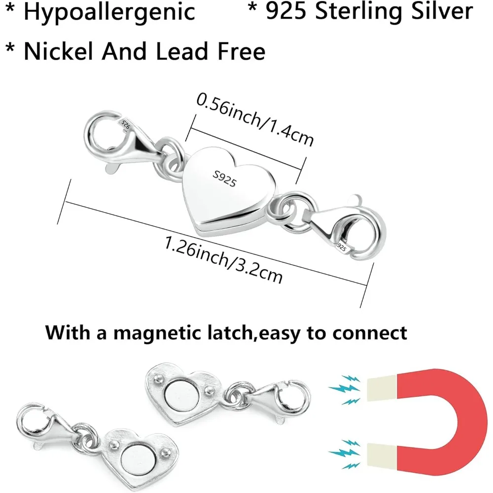 925 Sterling Silver Heart Magnetic Jewelry Clasps Magnetic Necklace Clasps and Closures Sterling Silver Double Bracelet Necklace