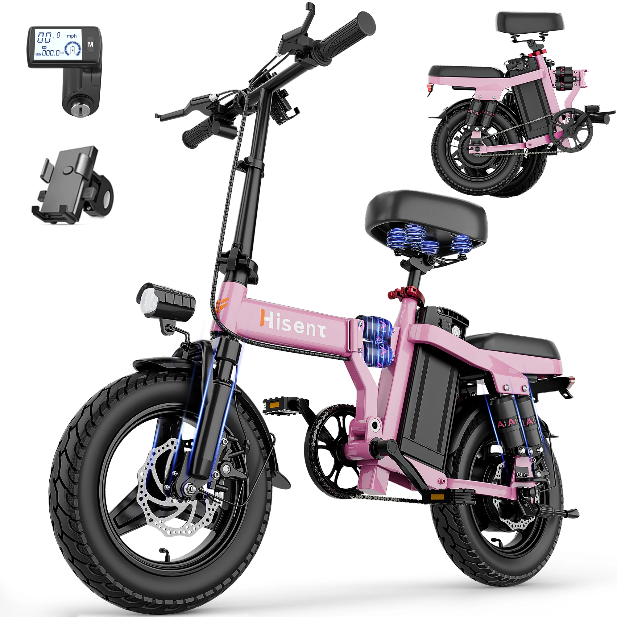 

Hisent Folding Electric Bike | Dual Suspension System | Upgraded Steel Frame | 17.5 AH Battery, 25-35 Mile Range | 14-inch Tir