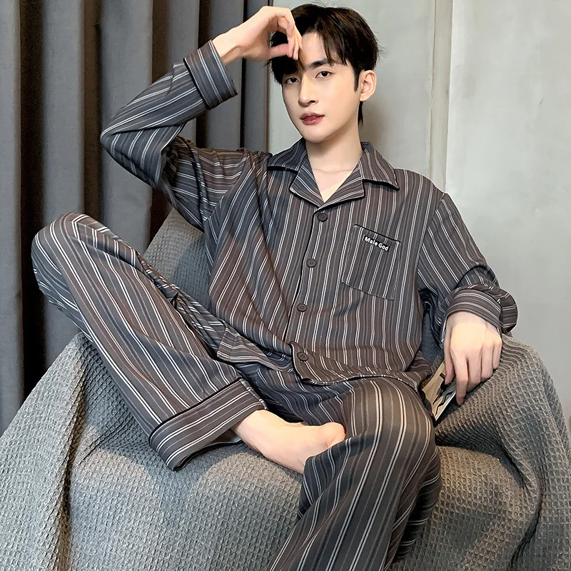 Fashion Autumn Lapel Striped Pajamas Sets for Men Long Pants Cotton Male Sleepwear Big Yards L-4XL Home Wear Lounge Nightwear