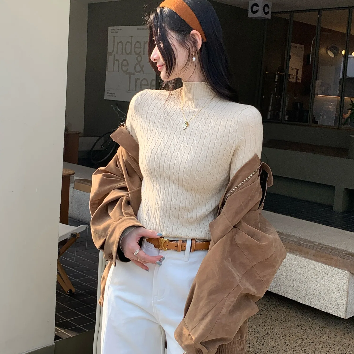 

Уникальный вязаный топ с высоким воротником и узором косы, женский, осенне-зимний, модный, в корейском стиле, приталенный, с длинным рукавом