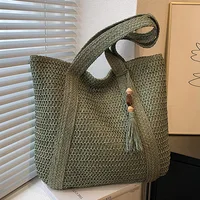 Bolso de paja tejido a mano para mujer, bolsa de rafia hecha a mano, bolso de hombro bohemio de playa, bolso de mano grande con borla, monederos de compras