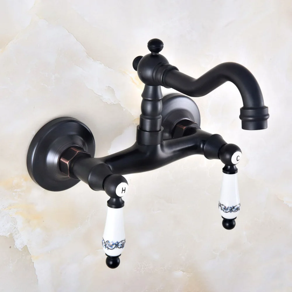 

Black Oil Rubbed Bronze Wall Mount Double Handle Bathroom Faucet Vanity Vessel Sinks Mixer Tap Cold And Hot Water Tap tnf834