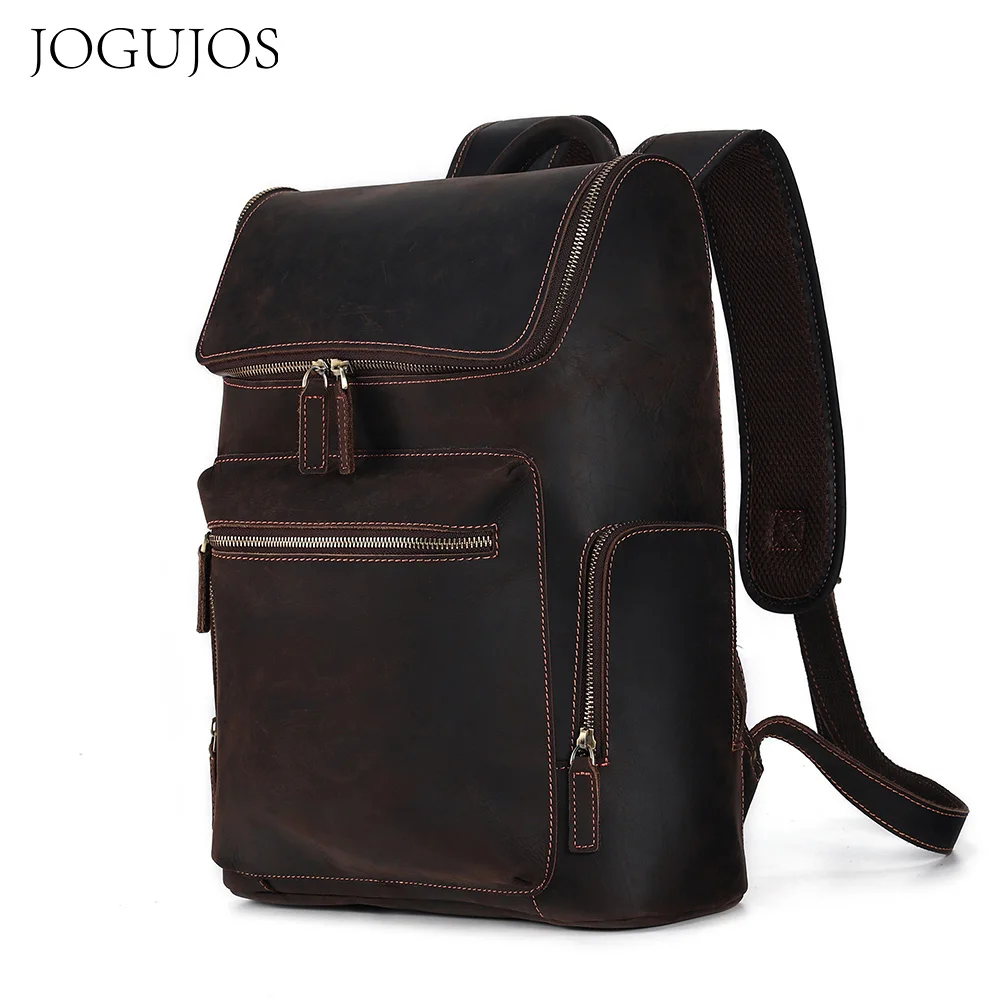 

JOGUJOS Genuine Cowhide Leather Men Backpack for 15.6" Laptop Leather High Capacity School Bag Travel Backpack Casual Daypack