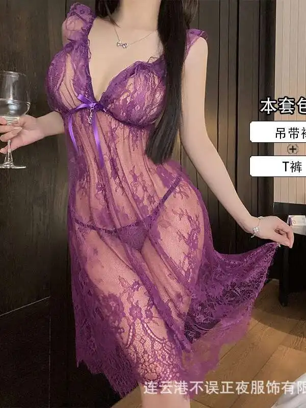 T-shirt a maniche corte Abito con scollo a V Maglia trasparente in pizzo sexy Seduzione Indumenti da notte Puro desiderio Abiti uniformi Abito elegante U2QK