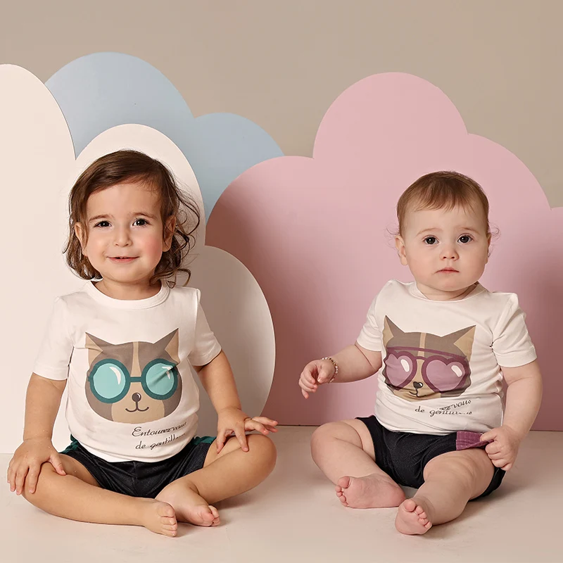 AA SS25 Children Clothes Boy and Girl Cat with Sunglasses Printed Tee Shirt with Denim and Ribbed Skirt/Leggings Kid Casual Wear