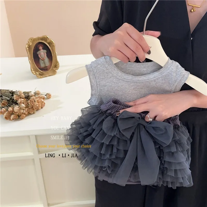 Summer Toddler Girls Premium Mesh Layered Cake Skirt Sleeveless Vest Shorts Stylish Casual Two Piece Clothing Set