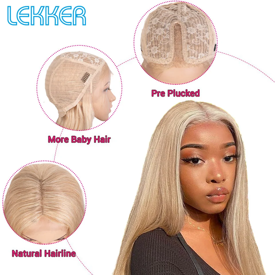 Lekker Gold Blonde Bone Straight 13x1 T Lace Front 100% Human Hair Wig For Women Pre Plucked Brazilian Remy Hair Glueles 613 Wig