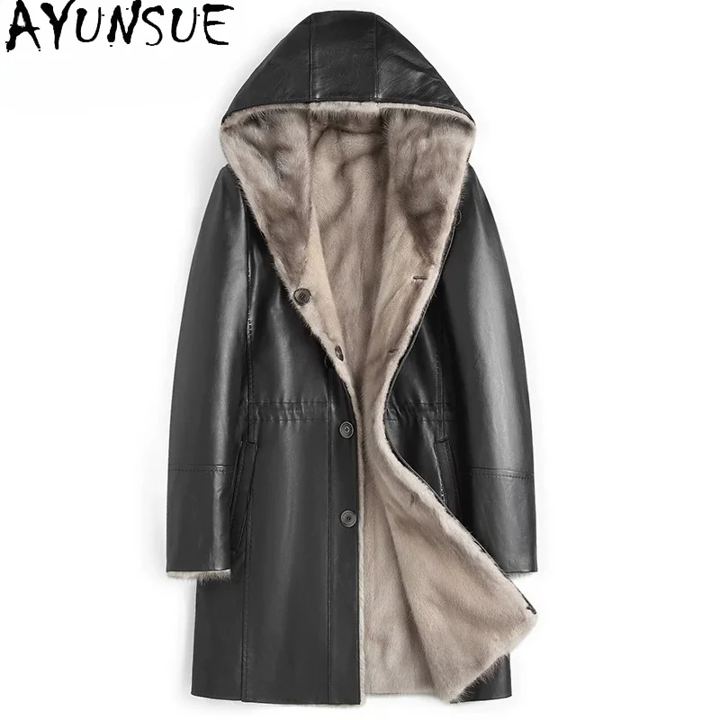 AYUNSUE Luxury Whole Mink Real Fur Coat Man Winter 100%Natural Cowhide Genuine Leather Jacket Men Reversible Warm Fur Coats Hood