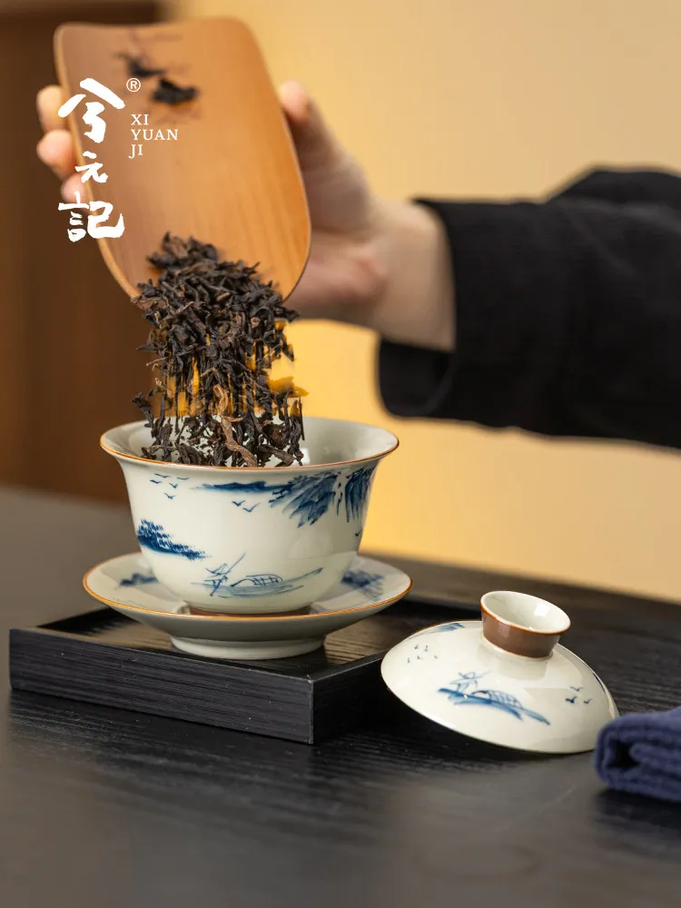 Grass and Wood Gray Hand Painted Underglaze Sancai Gaiwan Tea Cup Three-Piece Set Single High-End Brewing Bowl with Lid