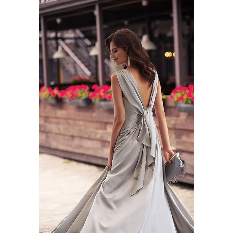 Elegante vestido de noche plateado con volantes, cuello en V, línea A, Formal, para mujer, vestidos de novia, 2024