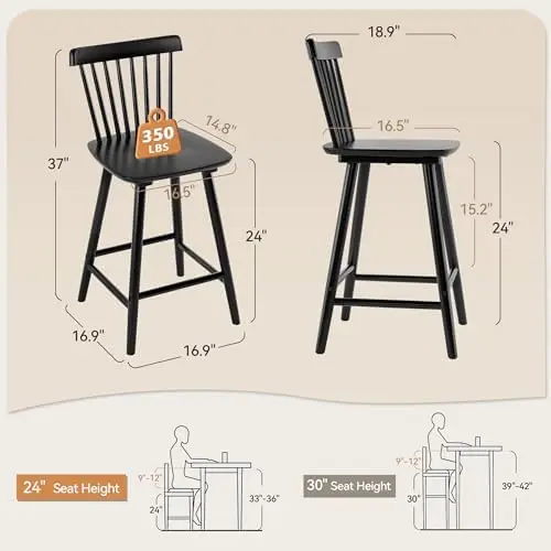 Upgraded Windsor Wooden Black Bar Stools Set of 2, 24 Inch Counter Height Barstools with Spindle Back/Bigger Seat for