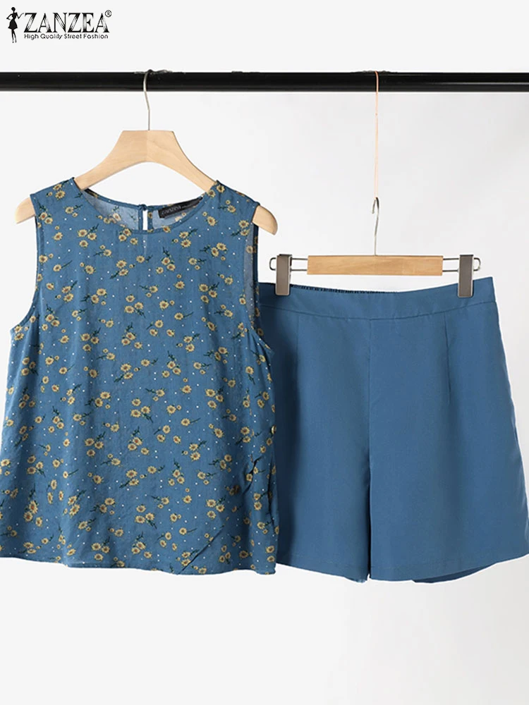 

ZANZEA Plus Size Summer Women Short Sets Floral Print Tracksuit 2025 Casual Sleeveless Tank and Shorts Fashion Pocket Suit 5XL