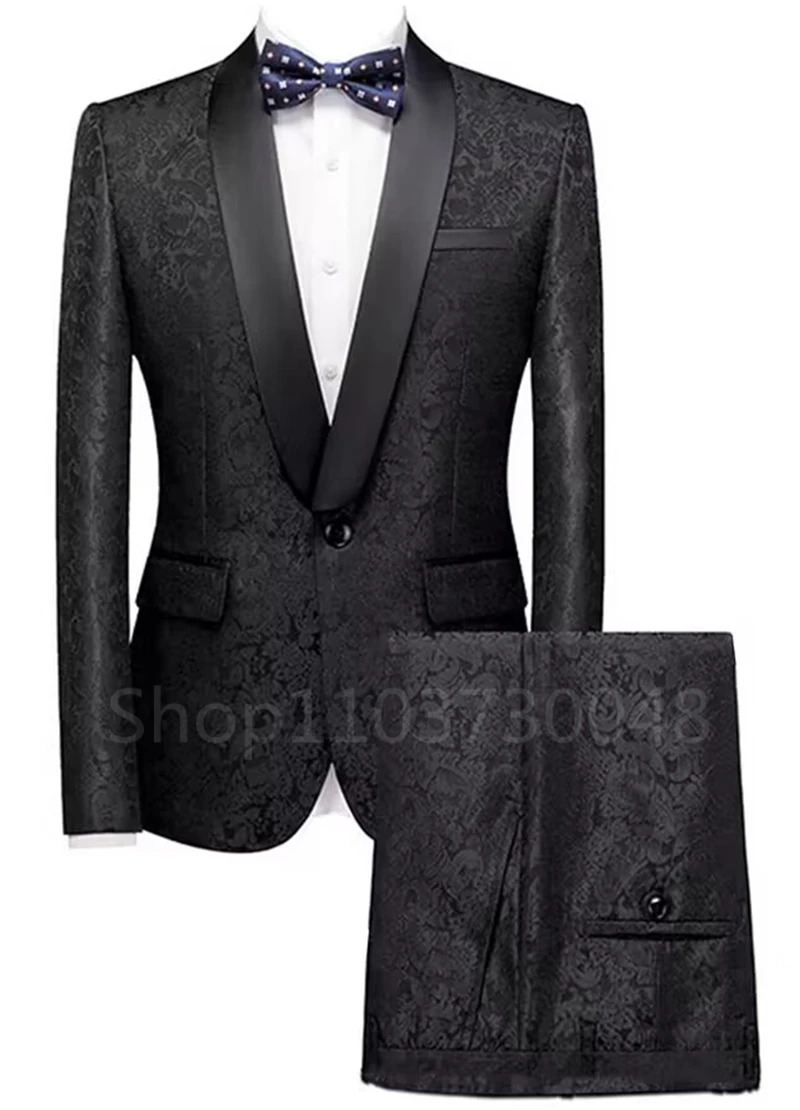 

Black Jacquard Men Suits Shawl Lapel One Button Blazer Formal Elegant 2 Piece Jacket Pants Slim Fit Party Wedding Tuxedos Sets