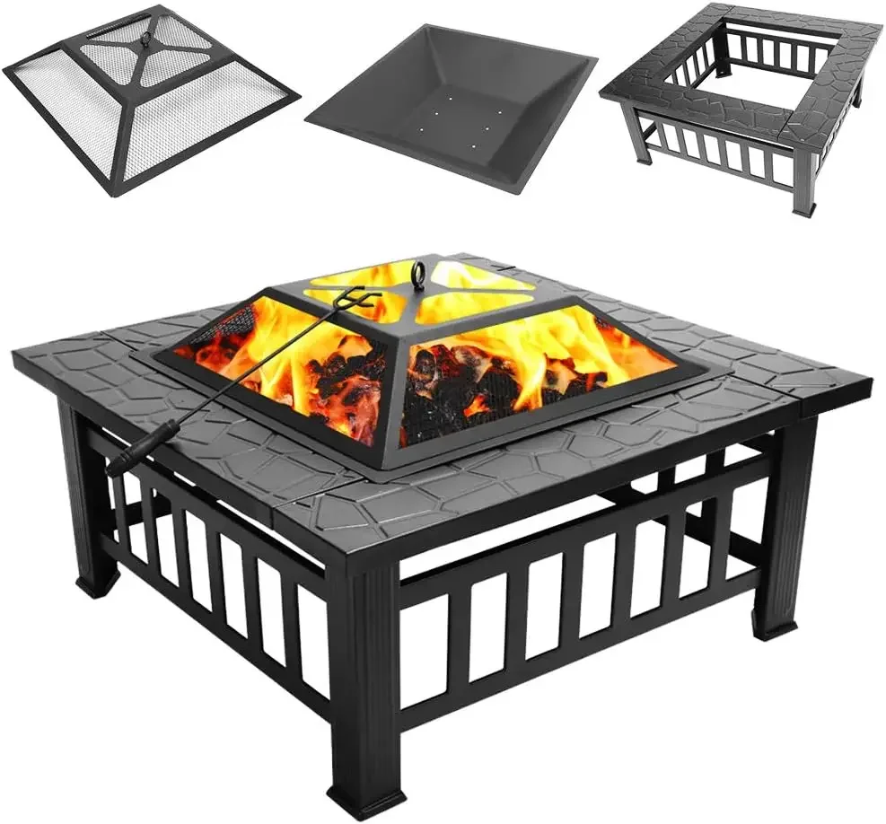 Pozo de fuego de mesa de patio cuadrado de metal para exteriores de 32 pulgadas, terraza multifuncional, patio trasero, parrilla para barbacoa, estufa de jardín, pozo de hielo - Madera