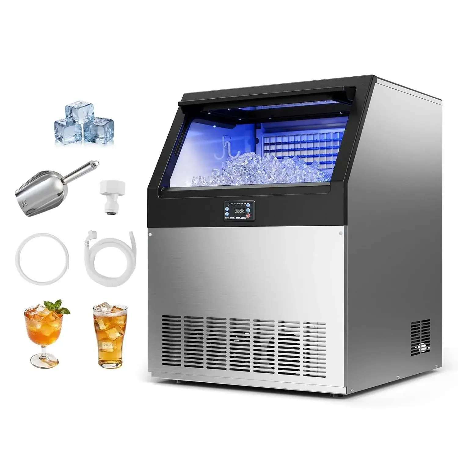 Commercial Ice Maker Machine, 265 lbs/24h with 85 lbs Storage Capacity, Built-in/Freestanding/Under Counter, Stainless Steel Ice