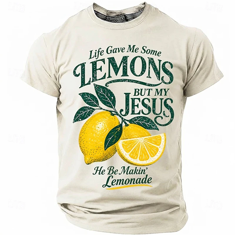 2026 Men's T-Shirt: Minimalist Lettering 3D Lemon Print Round-Neck Casual Short-Sleeve Oversized Fashionable Men's Top