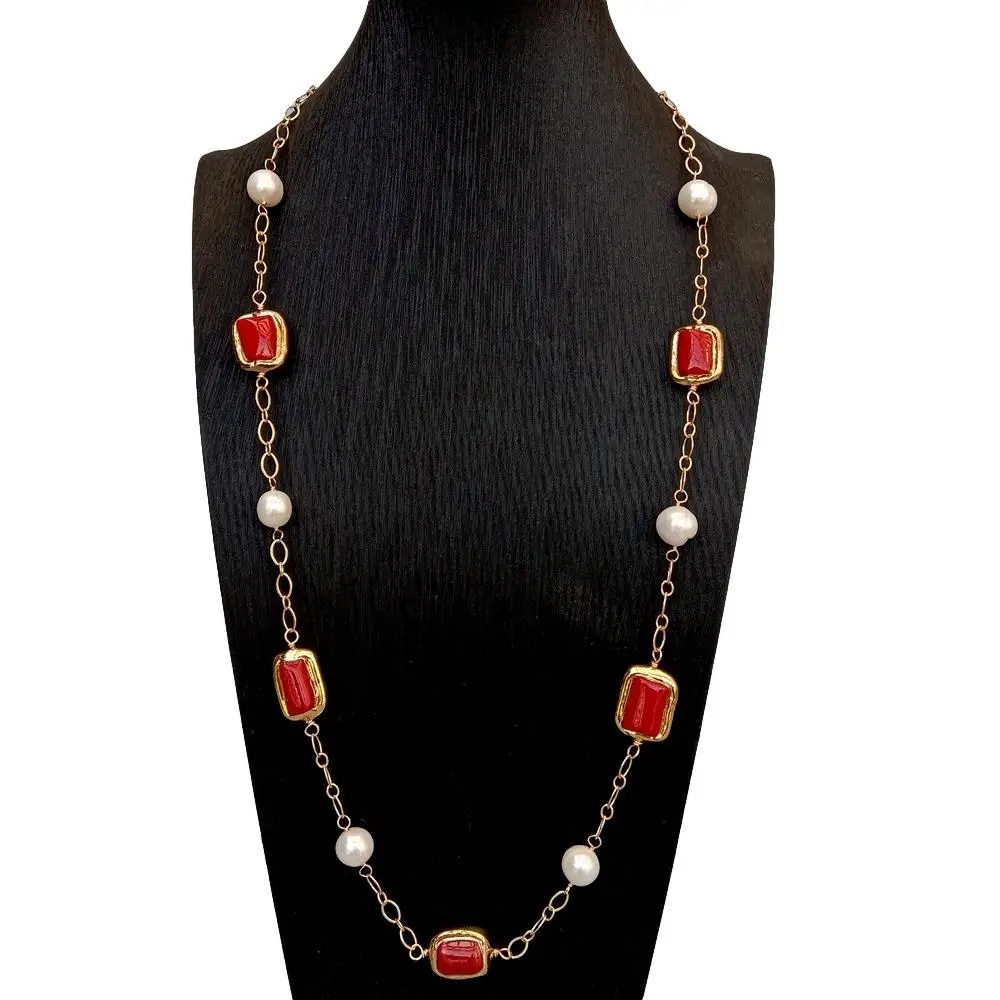 KKGEM  gold plated chain 15x20mm Red Coral natural Freshwater Cultured White Pearl Statetion Long Necklace 30" view 5