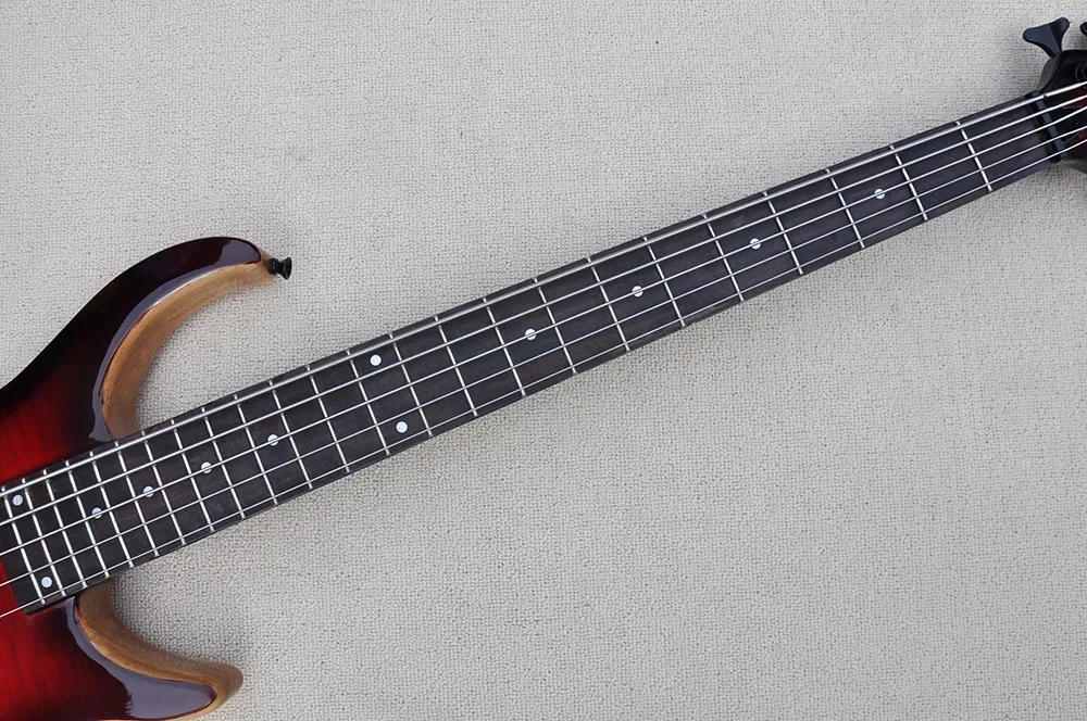 Red 5 Strings Electric Bass Guitar Rosewood Bass Guitar Neck Through Body Bass