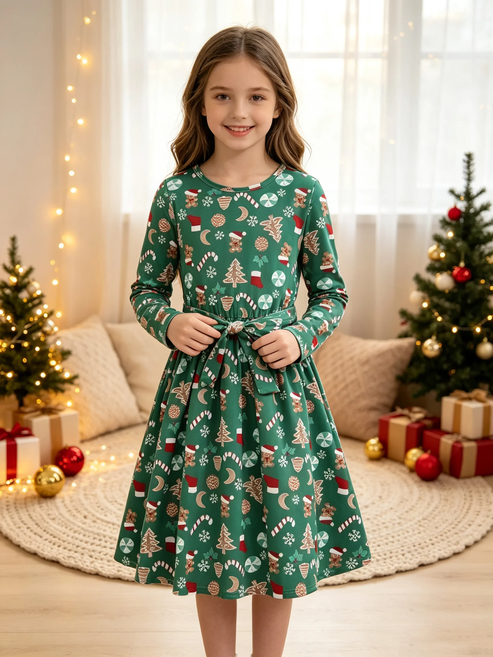 Cartoon Gingerbread Men Long-Sleeved Dress Comfortable Popular Style Dress for Women