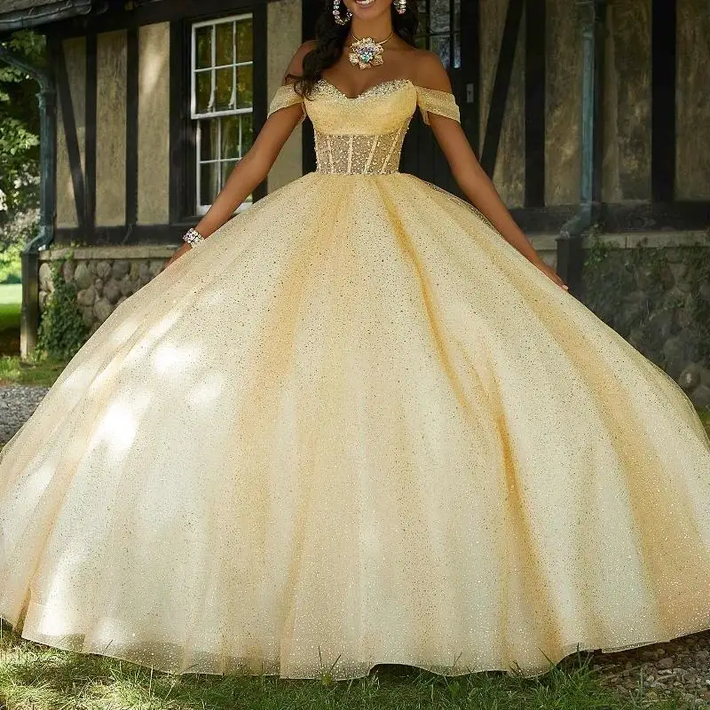 

Mexican 2025 Yellow Quinceanera Dress Sweet 15 16 Ball Gown Off The Shoulder Beaded Crystal Tull Vestidos De 15 Años