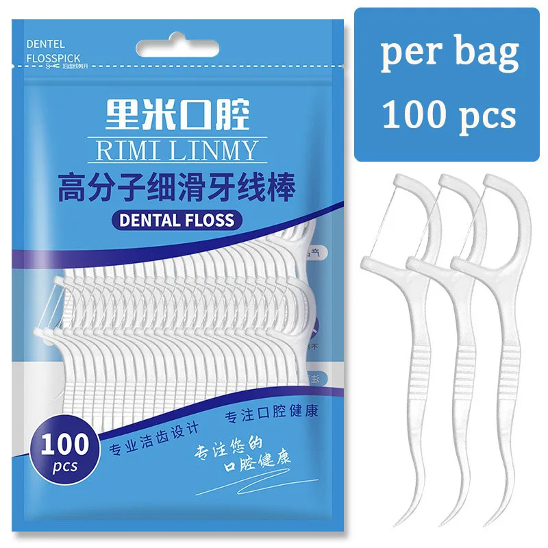 Tusuk gigi plastik untuk membersihkan gigi, stik Floss halus halus, polimer Floss, terlaris, tas 100 buah