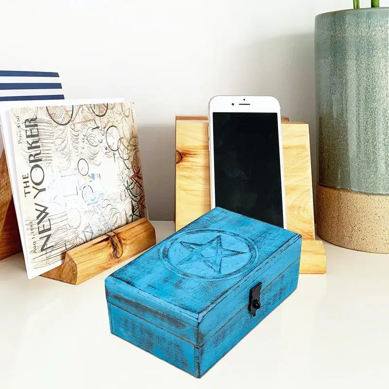 Wooden Jewelry Storage Box Antique Star Carved Trinket Box Storage Case Chic Organizer Tarot Cards Necklaces Unique Home Decor