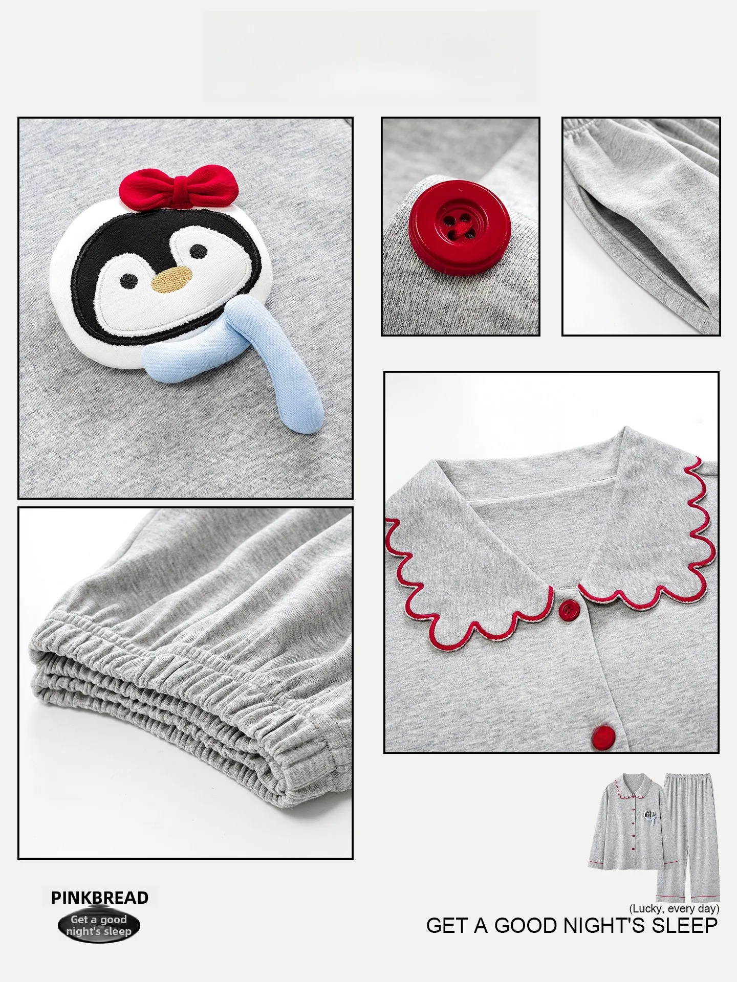 PinkBread Scarf Penguin Long Sleeve Pure Cotton Home Clothes for Women Spring Autumn Cartoon Penguin Design Sleepwear Set