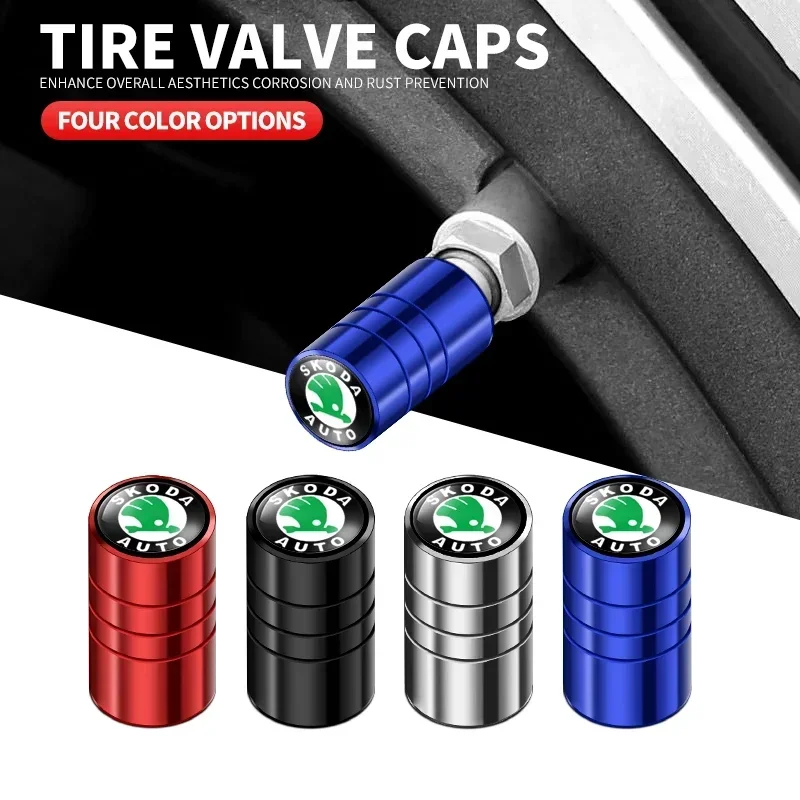 4Pcs Car Logo Wheel Tire Valve Air Valve Stem Caps For Skoda Octavia Fabia Kamiq Kapoq Kodiaq Rapid SCALA Superb A5 A7 RS Yeti