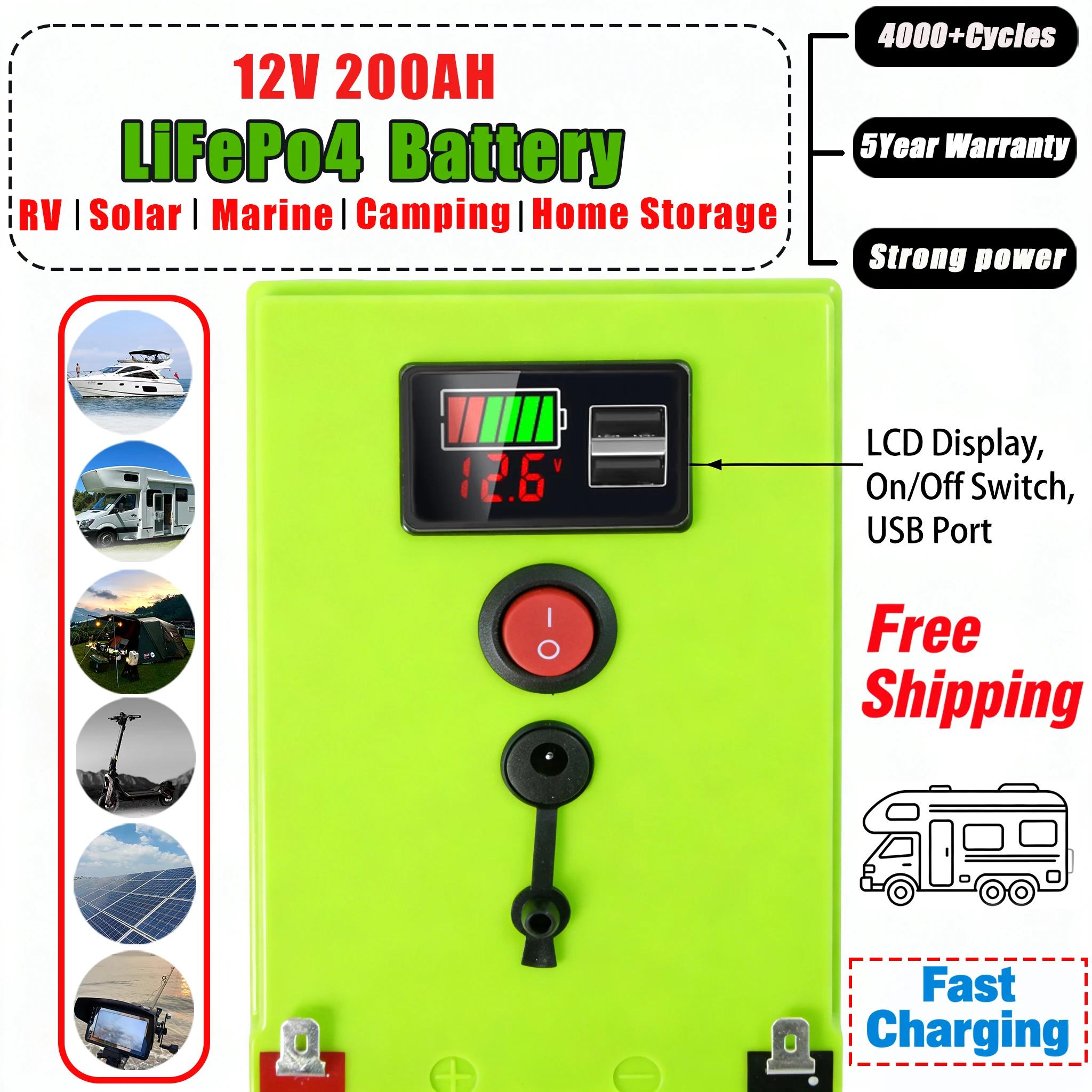 

Литиевая батарея 12 В, 200 Ач, литий-железо-фосфатная батарея с улучшенным BMS-идеально подходит для солнечного хранения, автофургонов, лодок Солнечная батарея