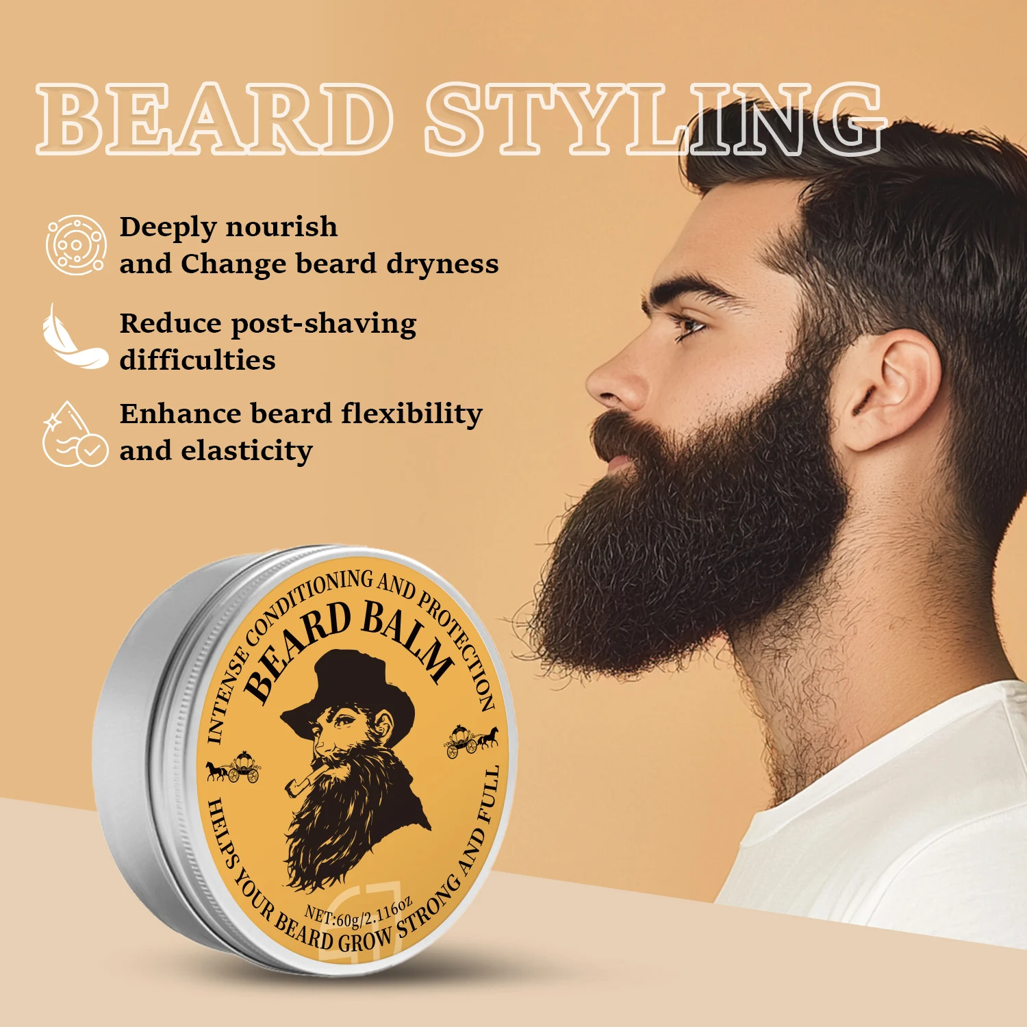 Lanthome-Baume à barbe original, 60g, huile revitalisante pour la croissance, soins de toilettage, traitement de la moustache biologique, prévient les cheveux des hommes