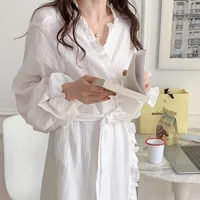 Women's Spring and Summer New Simple Long-Sleeved Robe Girls Sweet Ins Wind Ruffled Thin Section of Solid Color Pajamas Home Wea - Image 2