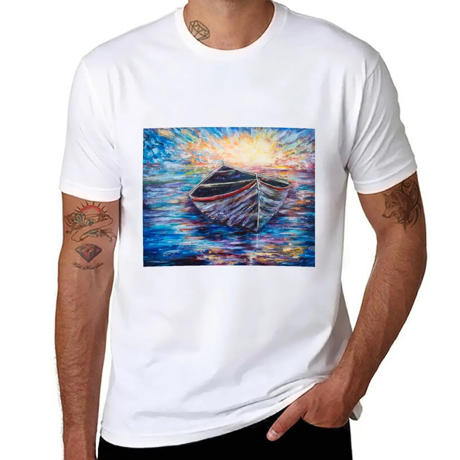 New Wooden Boat at Sunrise: A Seascape in Thick Impasto Texture T-Shirt blank t shirts sports fan t-shirts clothes for men