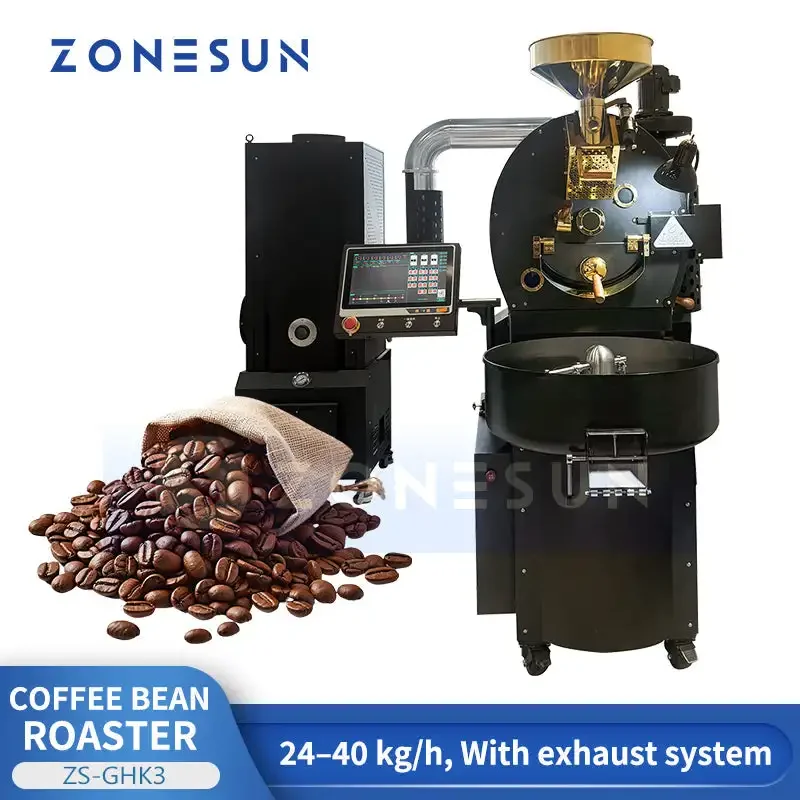 ماكينة تحميص حبوب القهوة ZONESUN ZS-GHK3 مع نظام العادم