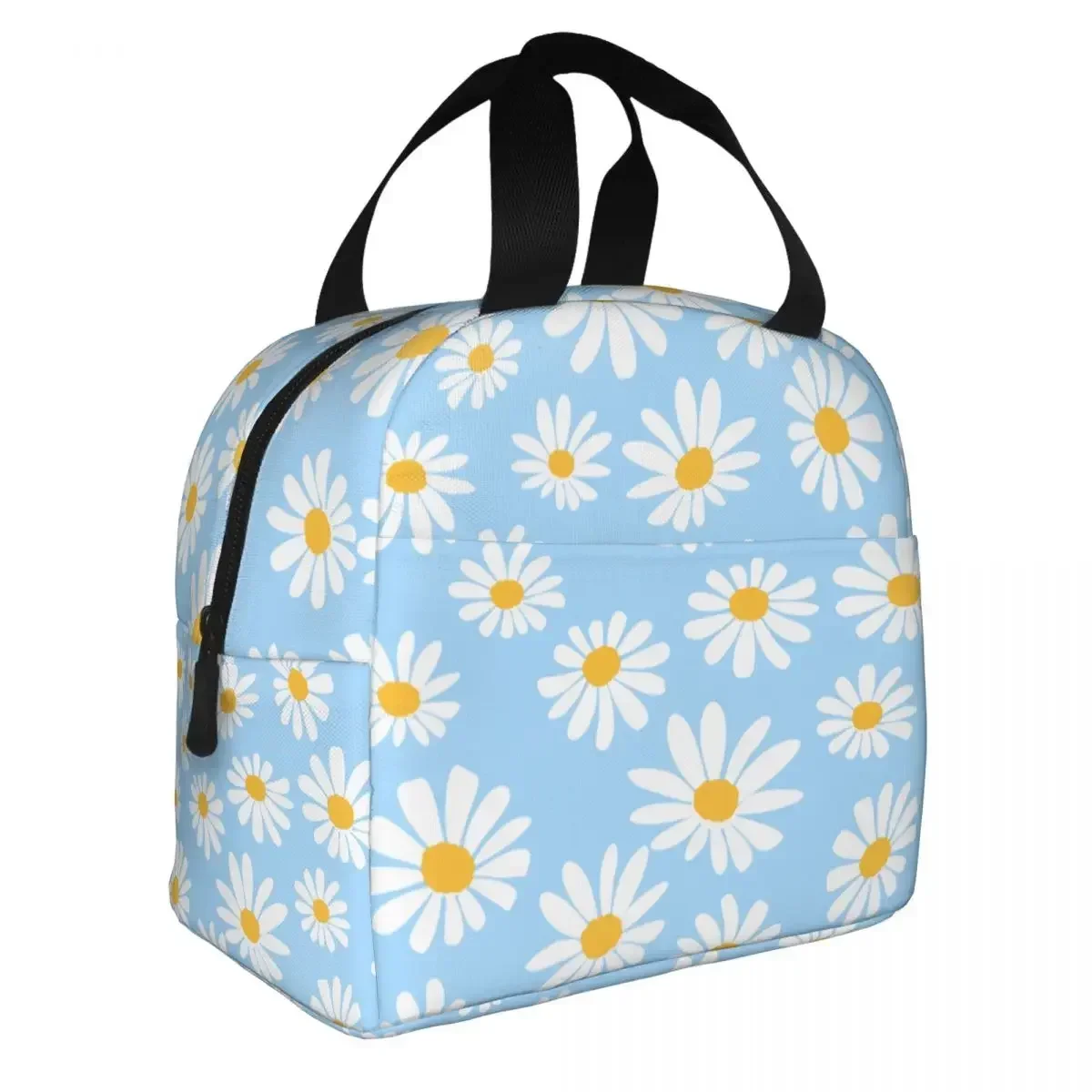 Daisy Flower Blue Lunch Bag Portable Insulated Canvas Cooler Thermal Cold Food Picnic Work Tote for Women Children