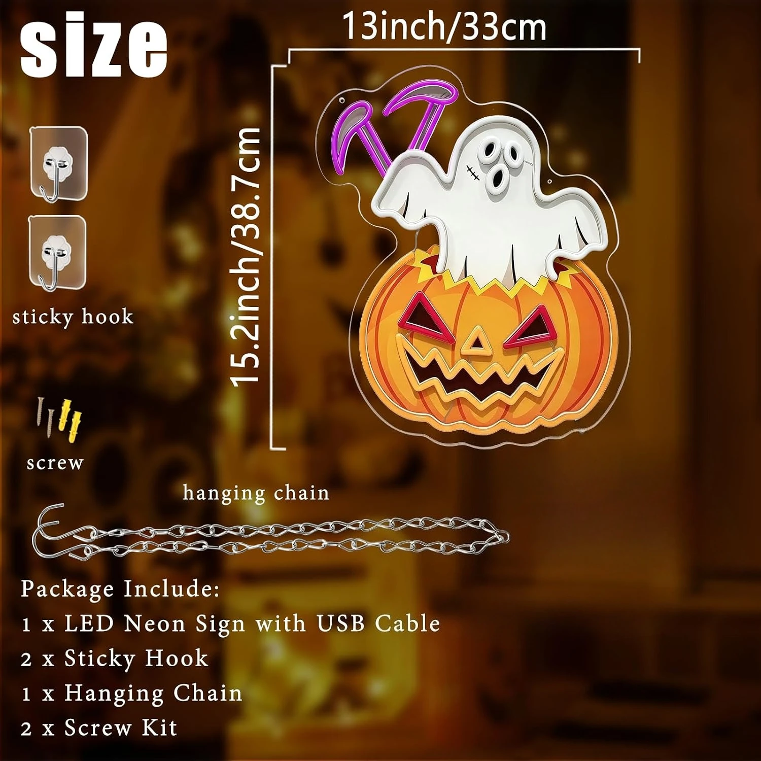 Waving Halloween Pumpkin Neon Sign USB Ghost Jack o Lantern LED Neon Light Bedroom Wall Decor Spooky Fall Party Christmas Gift