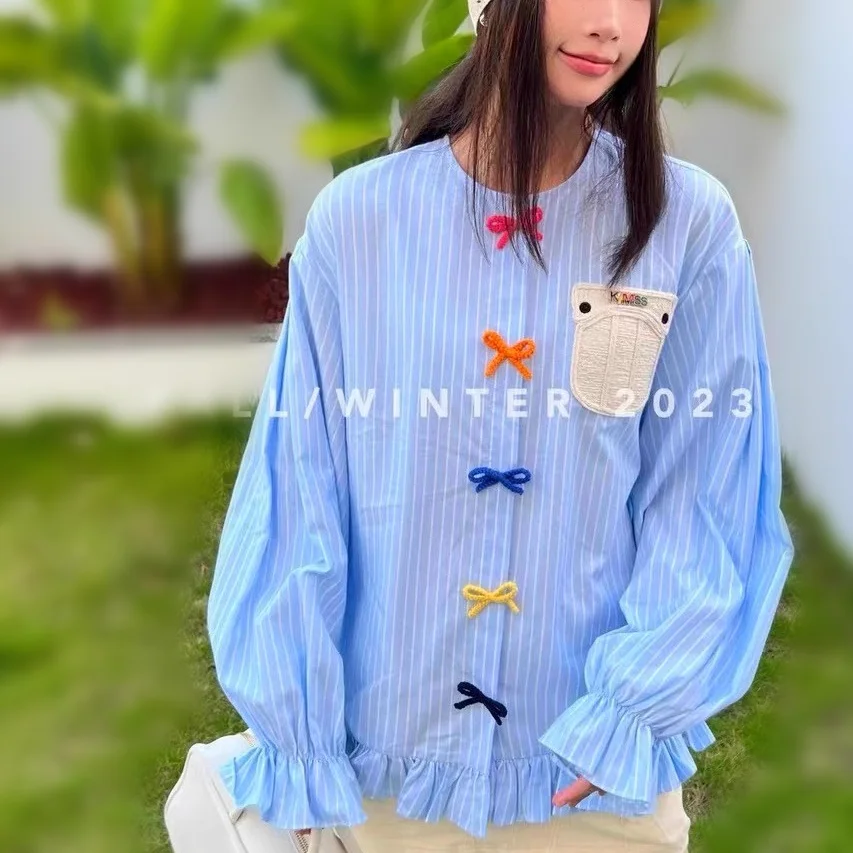 Chic Ins Loose Shirt Women Stripped Print Long Lantern Ruffles Sleeve Blouse Casual Feminina Colorful Blouses Women Shirts NZ298