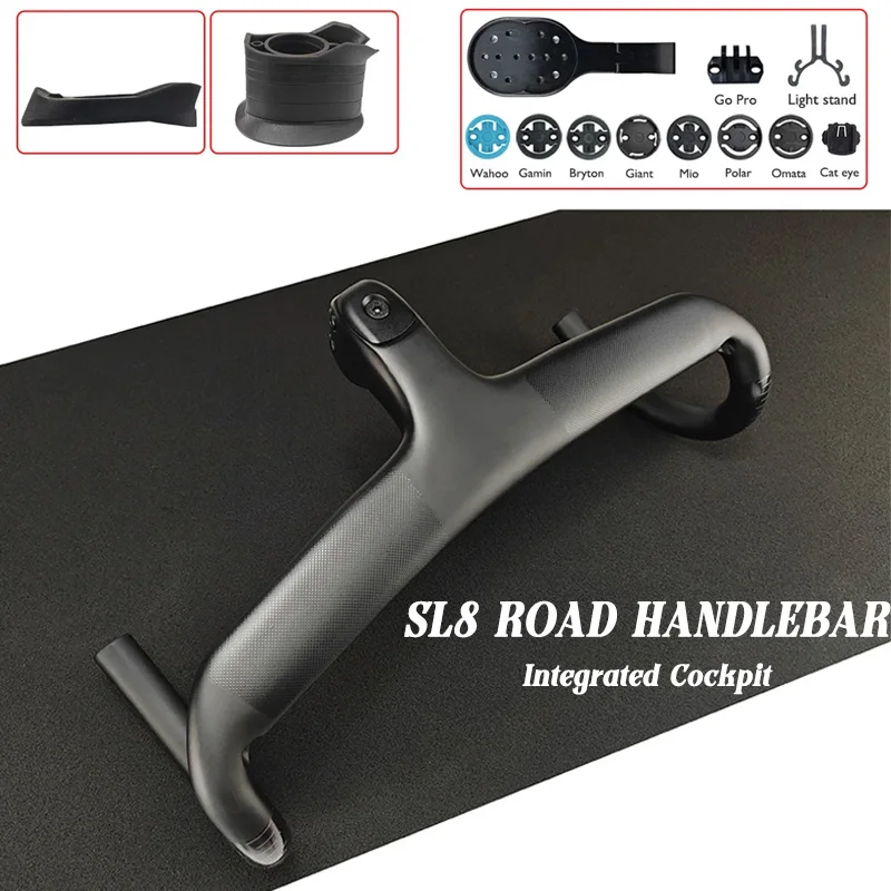 

SL8 Carbon Road Integrated Bike Handlebar Di2 Clamp Diameter 28.6MM Weight 343g(110*400MM) Includes Computer Stand and Spacers
