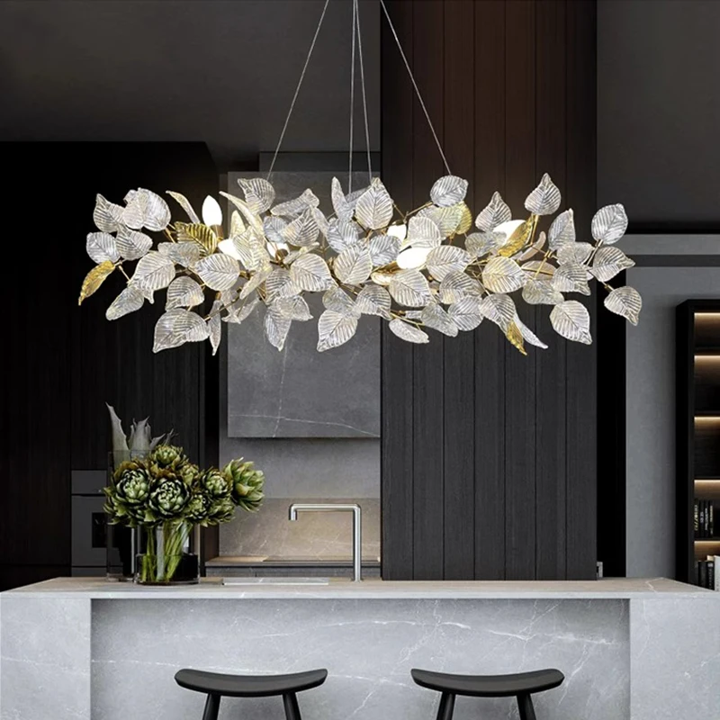 

Modern Luxury Ginkgo Led Glass Chandelier for Hotel Living Dining Room Lighting Lustre Pendant Lamps Interior Lighting Fixture