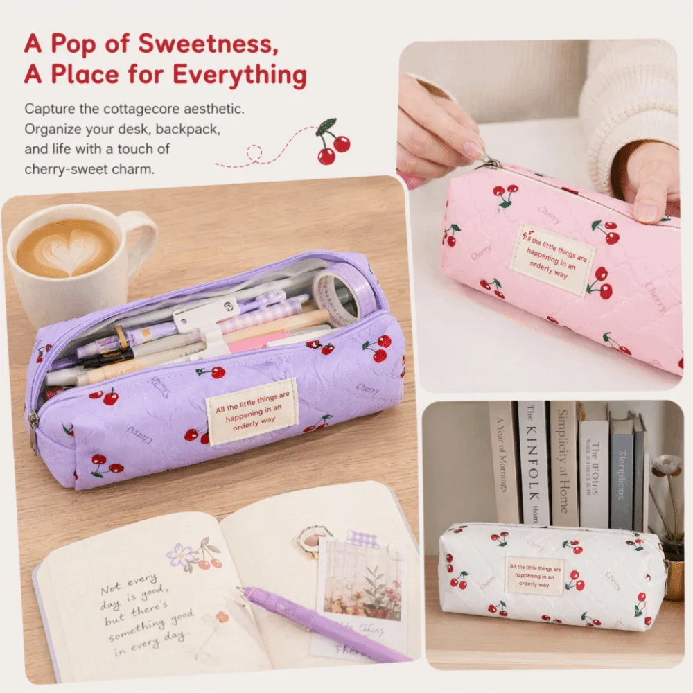 Multi Function Cherry Print Pencil Case Large Capacity Pencil Pouch Stationery Organizer School Office Supplies