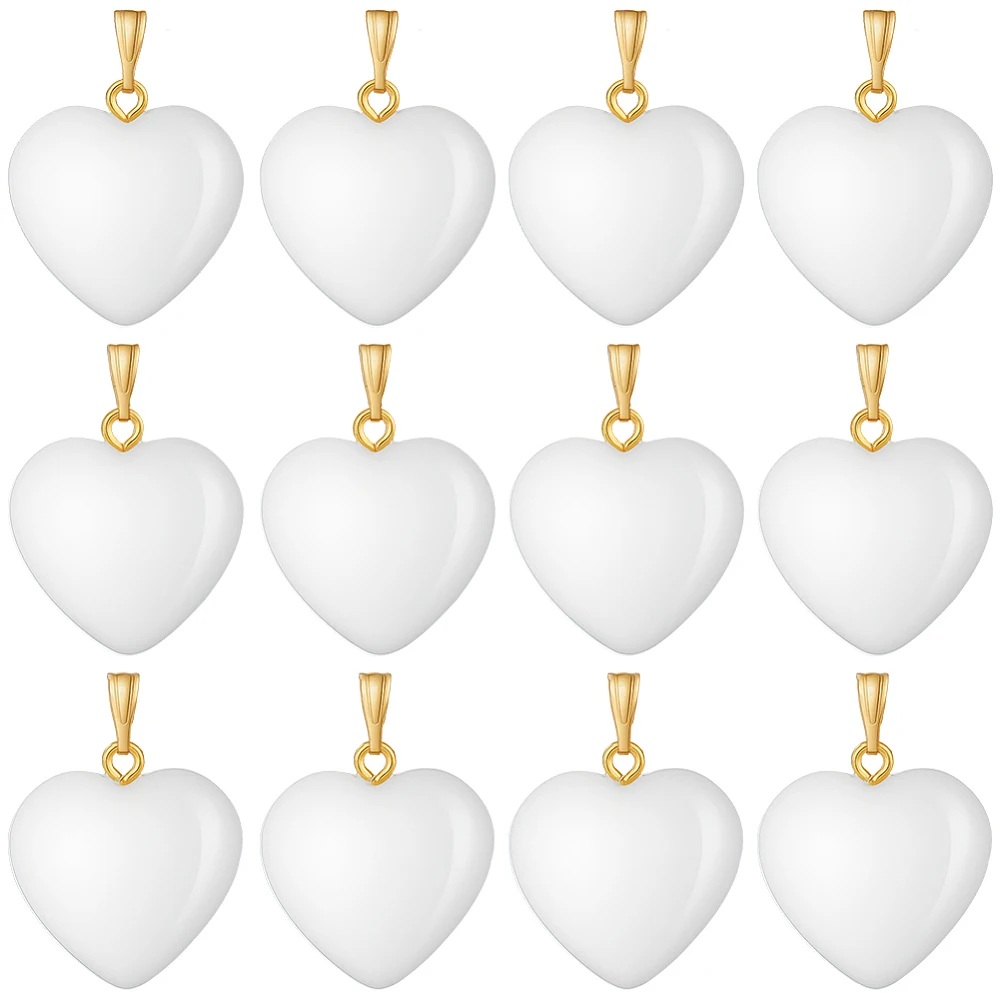 1Box 30Pcs Heart Glass Charms Imitation Jade Charm with Gold Pinch Bail Valentines Mothers Spray Painted White Love Heart Shaped