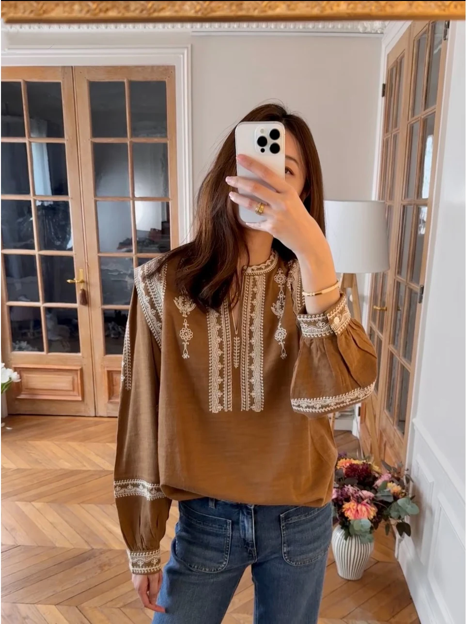 

Heidd Heavy Embroidery Long Sve irt Ранняя весна Этнический Sle f Женский хлопковый костюм кофейного цвета Busin irt