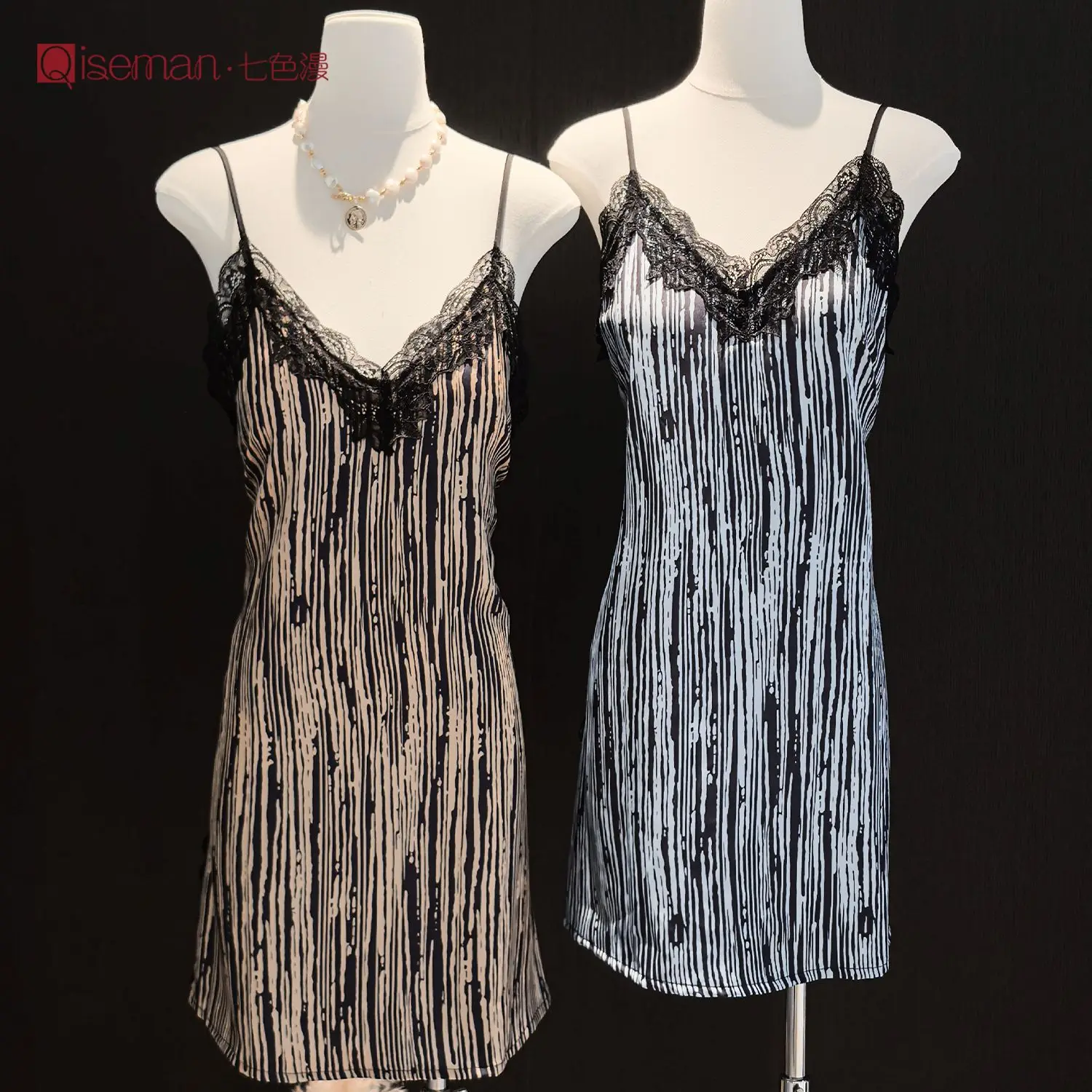 French Retro Ink Pattern Light Luxury Satin Nightdress Chest Pad Thin Shoulder Straps Thin Cool Women's Home Suspender Skirt