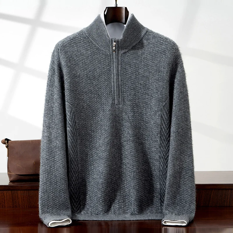 Sweter męski ze 100% czystego kaszmiru, z obniżonymi ramionami, zapinany na krótki zamek, z wysokim kołnierzem, gruby, ciepły, dzianinowy podkoszulek na zimę.