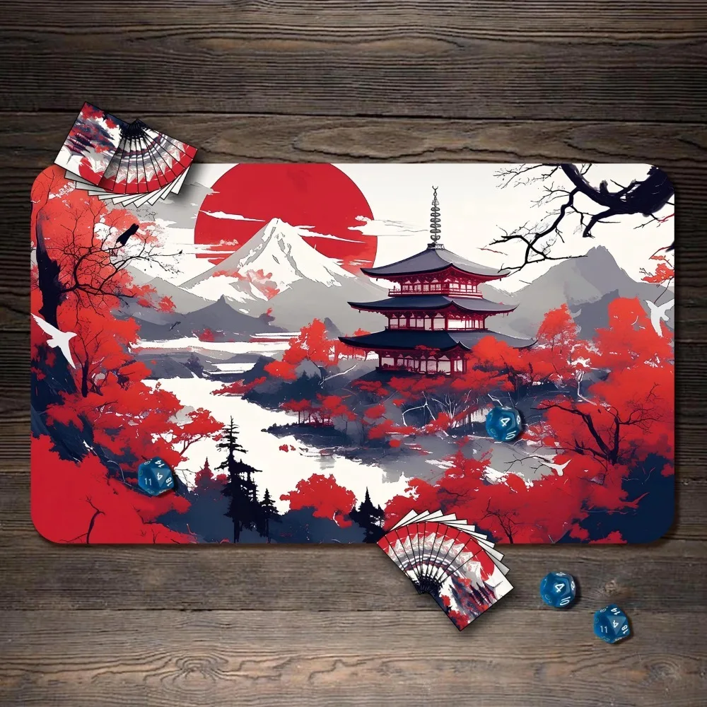 Japanese Ukiyo‑e Large Gaming Mouse Pad Mount Fuji Pagoda Red Maple Red Sun Non‑Slip Desk Mat for TCG Esports Office Card Game