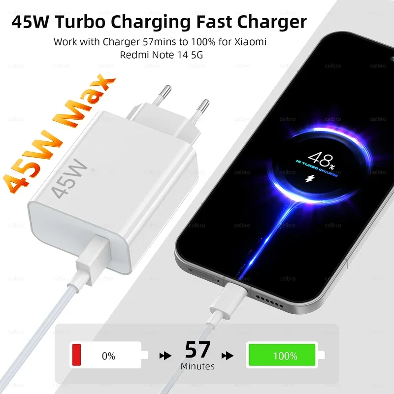 45W For XIAOMI Charger Type C Turbo Charge Fast Charging Charger Redmi Note 15 14 13 12 11 X Pro 10t Poco M7 X7 K40 Pad 6