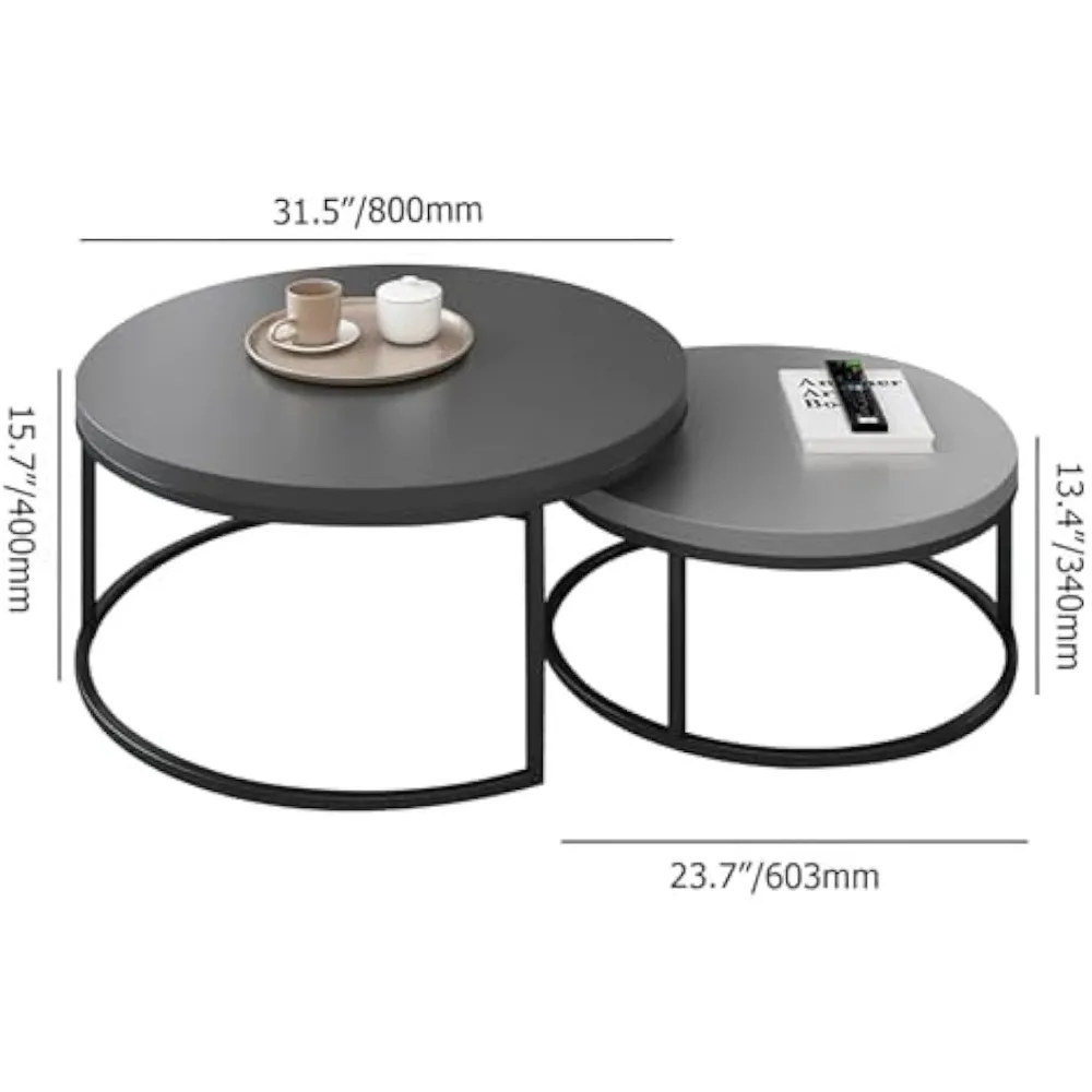 Conjunto de mesa de centro redonda, mesas de coquetel aninhadas com pernas de metal preto, cinza escuro/cinza claro, fácil montagem, 31,5/23,7 Inc